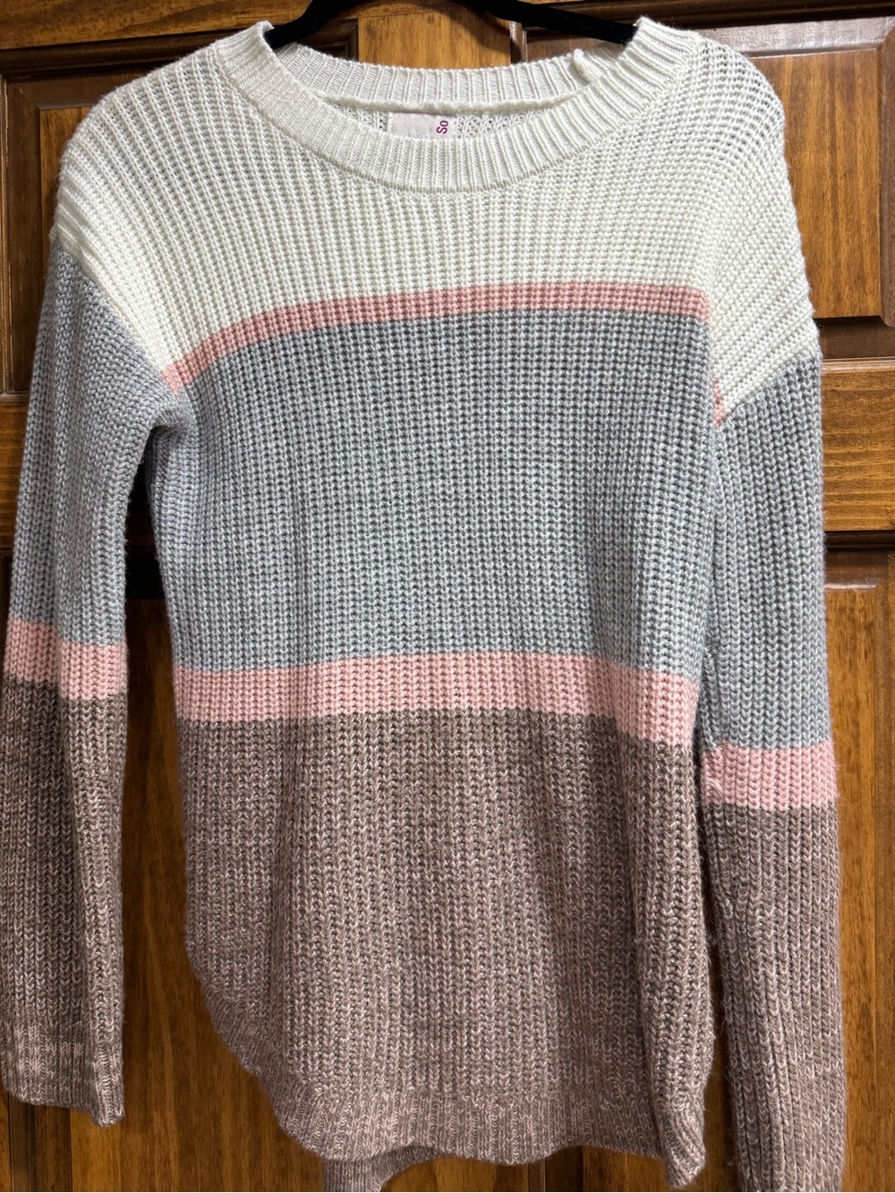 SO Striped Crewneck Sweater in Cream, Gray, Pink, Brown